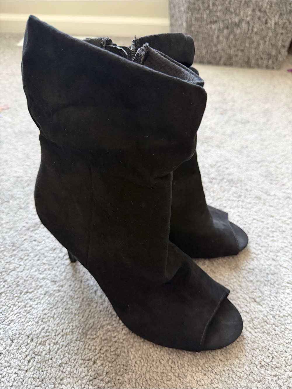 Black Suede Peep-Toe Slouch Ankle Boots with heel